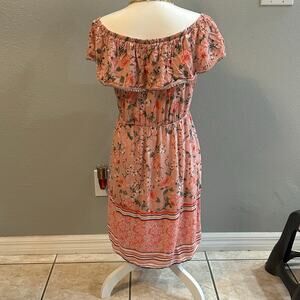 Cottagecore Flame Pink Floral Off-Shoulder Peasant Dress Sequin Trim Sz 38 (US M